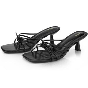 Square Toe Strappy Slip on Kitten Heel Sandals Black
